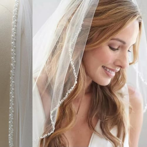 SLJYM Velo de Novia 1 Nivel, Elegante Velo con Borde de Cuentas y Perlas de Cristal, Largo Blanco Marfil con Peine, Velo de Catedral