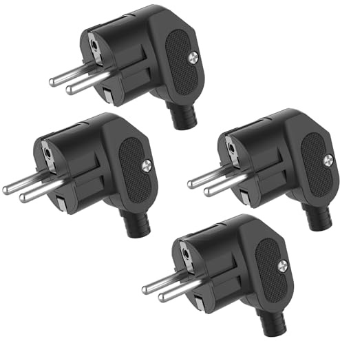 Spina Schuko 4 pezzi, spina europea con beccuccio antipiega, spina angolare Schuko (250 V 16 A) per cavo da 8 a 10 mm, spina Schuko angolata, IP20 per interni (4 pezzi, nero)