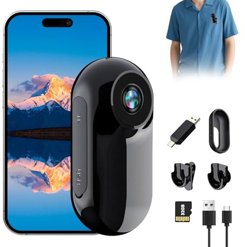 WDKXCN Mini Action Cam, 1080p Bodycam con Memory Card da 32GB, Telecamera da Casco 360°, Microcamera con Accessori Multifunzionali, per Interni/Esterni
