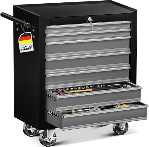 MASKO® Werkstattwagen - 7 Schubladen | Abschließbar | Massives Metall | Mobiler Werkzeug-Wagen ohne Werkzeug | Profi Werkstatt-Wagen unbestückt| Rollwagen zur Werkzeugaufbewahrung mit Schloss | Grau
