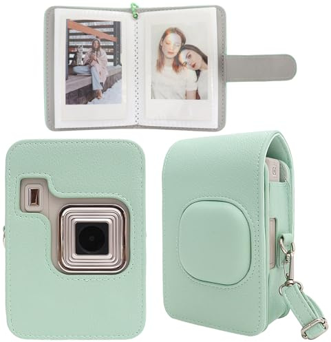 HIQYIN Housse pour Instax Mini Liplay Plus Caméra, Étui de Protection en Cuir Synthétique Compatible avec l'appareil Photo Mini Liplay Plus, avec Album Photo et bandoulière réglable - Vert