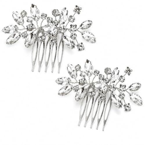 2 Pcs Rhinestone Bridal Hair Comb,Wedding Hair Combs Diamante Clips(Silver) | Sparkle Diamante Crystal Bridal Hair Accessories for Bride Bridesmaids, Women and Girls