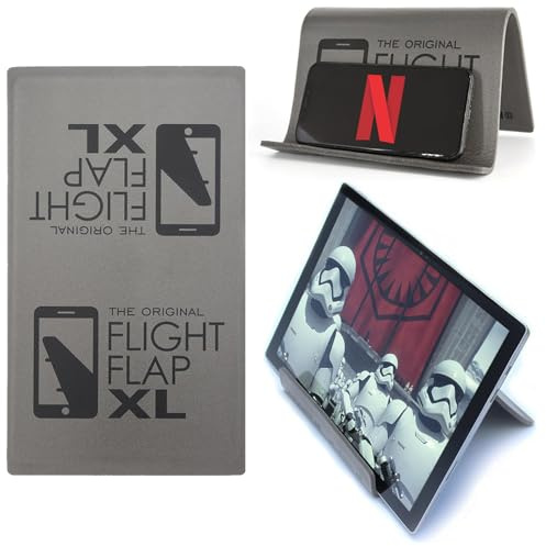 Flight Flap Surfplattehållare för flygplan, extra stor 30 x 18 cm, flexibel mobiltelefon- och surfplattehållare, vikbart, för skrivbord, Kindle, säng, långa flygningar, resetillbehör, grå