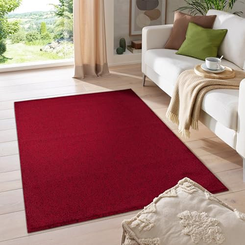 HomebyHome Kurzflor Teppich Wohnzimmer 300x400 (280 x 370 cm) Rot - Modern Gabbeh-Look Teppich Extra Weich, Pflegeleicht und Langlebig - Ideal für Schlafzimmer, Küche und Esszimmer