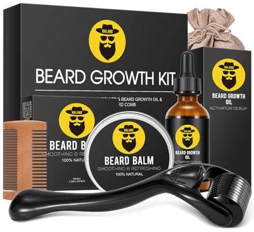 Naland Beard Growth Kit - Beard Kit for Men with Beard Growth Oil (2oz), Beard Balm, Beard Comb, Massager for Spot/Patchy Beard - Christmas, Anniversary, Birthday for Men, Dad, Husband, Boyfriend