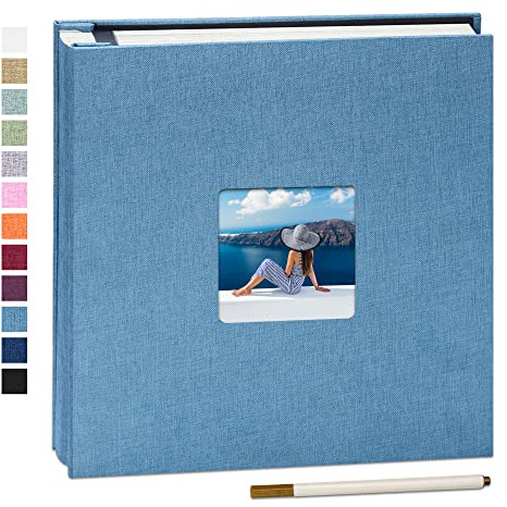 Yopih Self Adhesive Photo Album with Window, 40 Pages, 33x32cm, Skyblue | Linen Cover, Photo Scrapbook, Metallic Pen, Photos 10X15 13X18 15X20 20X25 Cm, Wedding Baby Family