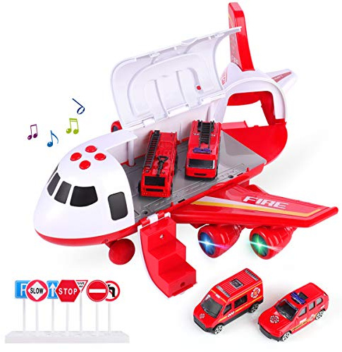 SHANNA Aerei Giocattolo Bambini, Aeroplano A Inerzia con Set di Giocattoli Educativi per Veicoli, 1 Aereo Grandi Dimensioni, 4 Auto in Lega Ragazzo Ragazze Regalo (Camion Pompieri-Rosso)