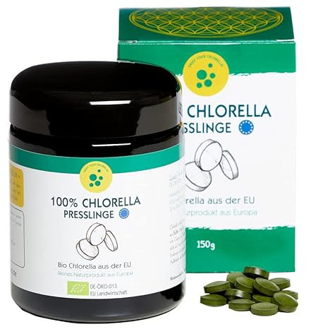 Bio Chlorella Presslinge 150 g in Hochwertigem Violetglas, in Europa Angebaut, reich an Vitamin B12, Rohksot, glutenfrei, ohne Zusatzstoffe, Ideal für Vegetarisch, Vegane Diat von Algenmarkt