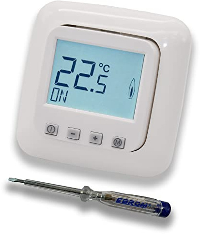 Halmburger Digitales Raumthermostat Raumtemperaturregler ERD-1U rg DIGITAL in Busch Jäger Reflex SI alpinweiß, 1-Fach Rahmen + EBROM Phasenprüfer zur Montage des Geräts ERD-1U (rg) Fußbodenheizung