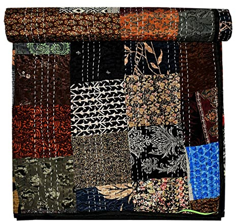 Rajasthaniartdecor Indian Handmade Vintage Silk Sari Patola Ethnic Reversible Blanket Bedspread Throw Stitch Patchwork Kantha Quilt (Black, Poster 40x60 Inch)
