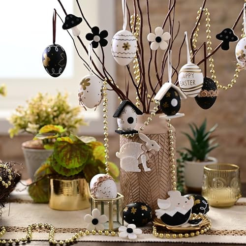 Valery Madelyn 40er Ostereier zum Aufhängen für Osterdeko,Modern künstliche Ostereier für Ostern Deko,Schwarz Gold Weiß Ornament für Osterkörbchen Frühlingsdeko,Ostern Geschenke Kinder