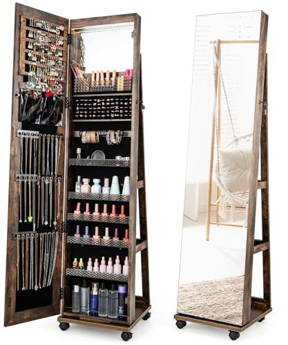 COSTWAY 3 en 1 Armoire à Bijoux sur Roulettes, Organisateur de Bijoux sur Pieds avec Miroir Psyché, Lumières LED et Miroir de Maquillage Intégré, Verrouillable, Étagères Réglables, Industeriel