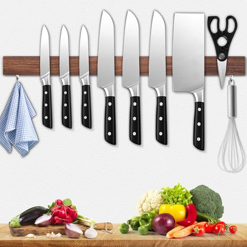 Dmore Barra Magnética de 59 cm para Cuchillos de Nogal - Soporte Autoadhesivo con 2 Ganchos - Organizador de Madera para Cocina