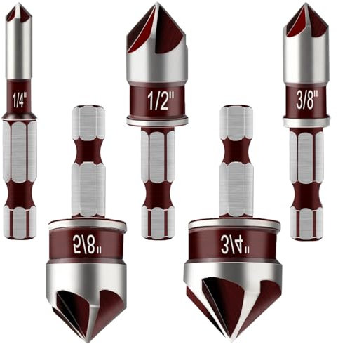 Yuentoen Jeu de 5 fraises coniques à bois - Avec tige hexagonale en métal - 82° - 5 rainures - Outil de chanfreinage