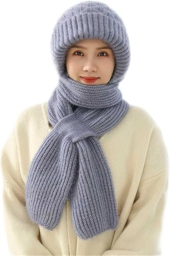 Vmhkjo Integrierter Gehörschutz Winddichte Mütze Schal,2 in 1 Winddichter Mützenschal Niedlich Mütze Schal Set Damen mit Brosche Winter Warm Strickmütze,Kapuzenschal für Frauen