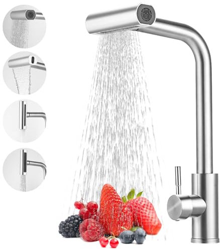 Vuxava Wasserhahn Küche ausziehbar mit 4 Modus – Edelstahl Mischbatterie mit Wasserfall Auslauf, Küchenarmatur Hochdruck 3/8 Zoll für Spülbecken