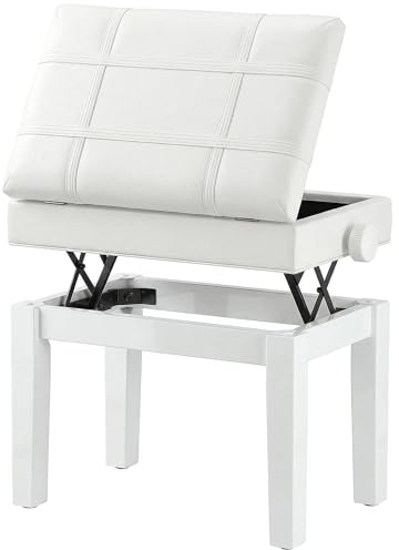 HOMCOM Banc de Piano Banc de Clavier Réglable en Hauteur Bois Massif Blanc | Tabouret Piano, Compartiment Caché, Siège Rembourré Polyuréthane, Stable Antidérapant, Charge 150kg