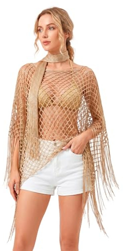 FakeFace Women Fishnet Fringe Poncho Top Bohemian Hollow Out Mesh Cape Swim Beach Cover Up Shawl Wrap Tassel Loose Layering Blouse
