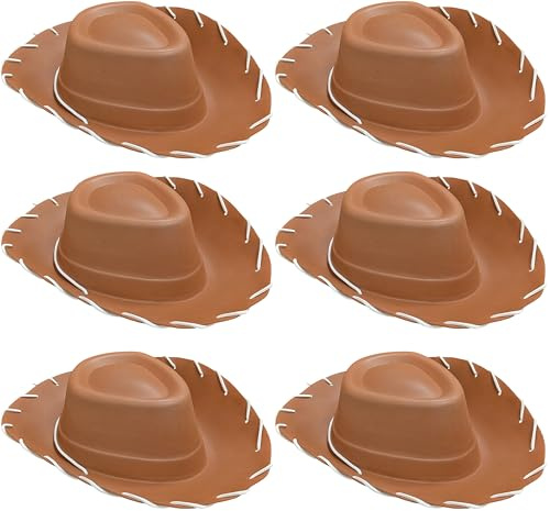6 x Adults Brown Cowboy Hat for Men & Women – EVA Foam Western Fancy Dress Accessory – Unisex Costume Hat for Wild West, Cowgirl, Cowboy, Woody Outfit, Parties & Events – Group Costume Multi Pack Bulk