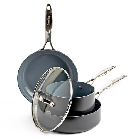 GreenPan Valencia Pro Harteloxierte Gesunde Keramik Antihaft 4-teiliges Topf- und Pfannenset,Bratpfanne,Schmorpfanne,PFAS-frei,Edelstahl-Griff,Induktion,Spülmaschinenfest,Backofenfest,Grau