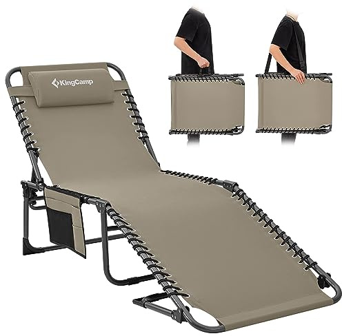 KingCamp Lounge Chair Outdoor, Folding Portable Tanning Chairs Comfy Adjustable 5-Position Lay Flat Foldable Chaise Chaser Lounger with Pillow for Outside Beach Patio Sun Bathing Pool, Beige