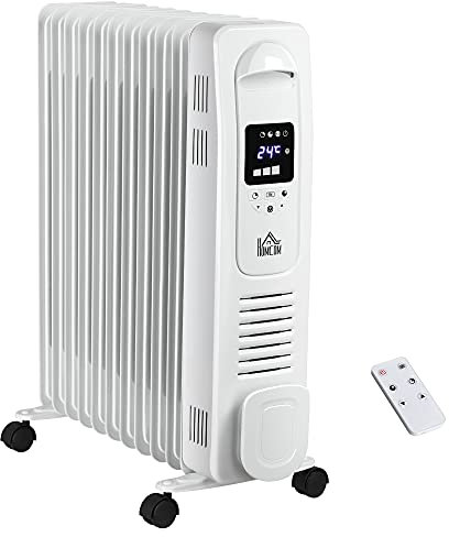 HOMCOM 2500W Digital Display Oil Filled Radiator, 11 Fin Portable Electric Heater with Timer, Adjustable Thermostat, Three Heat Settings, Safety Cut Off, Remote, White