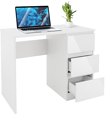 ML-Design Scrivania Con 3 Cassetti Bianco Opaco 90x76x50 cm Cassetti Frontali Lucidi Pannelli MDF Scrivania Da Lavoro Moderno Semplice Elegante Tavolo Per Laptop PC Per Casa Ufficio Archiviazione