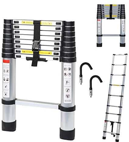 Randaco Teleskopstege med avtagbar krok, 2,6 m utdragbar stege, halkfri aluminiumstege stående stege multifunktionsstege utdragbar aluminiumstege, 150 kg maximal belastning med 2 krokar