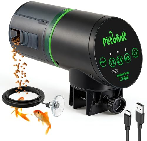 Petbank Aquarium Distributeur Automatique pour Poisson - Nourrisseur de Poissons Rechargeable avec Minuterie et Câble USB, 200ml Distributeur de Nourriture pour Poissons pour Les Vacances