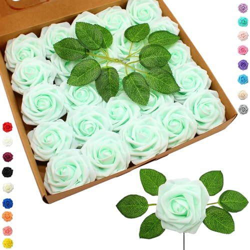25 x Rose Artificiali Verde Chiaro con Stecchetti per Torta di Compleanno, Matrimonio, Festa in Giardino, Artigianato, Doccia di Nozze, San Valentino