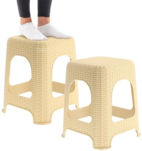 KADAX Pall av plast, stegpall upp till 120 kg, rottingpall med halkfria fötter, badpall, huspall, lätt sittpall, trädgårdspall, pall (2 x set beige)