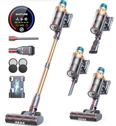SMOTURE Aspiradora sin Cable 45KPA/550W/60Mins, Aspiradora Potente y Vertical, Modo Automático, Pantalla Táctil LED, Carga en Pared, Cepillo Antienredos, Ideal para Suelos Duros y Alfombras