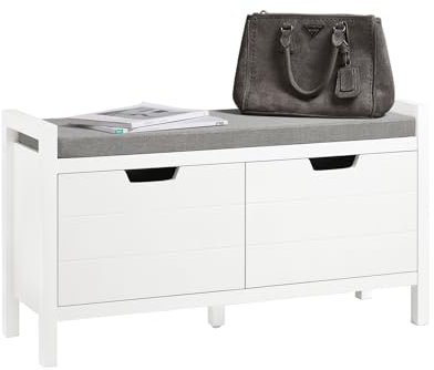 SoBuy Schuhbank mit Sitzfläche und Stauraum – Schuhregal Flur Sitzbank mit Truhe – Gepolsterte Sitzfläche & große Klappe – Für Eingangsbereich & Wohnzimmer – Weiß MDF 91x30x50cm FSR63-II-W