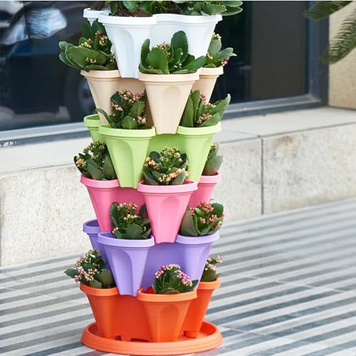 Fioriera verticale per fragole, a torre, impilabile, a 4 petali, con vassoio, in plastica resistente, da giardino verticale per erbe e fiori