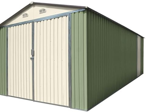 X-METAL Garage en Acier Galvanisé 18m² | Double Porte, Couleur Vert Pâle et Crème, Kit Ancrage Inclus | Rangement Extérieur, Toit Crème, Porte Latérale Modulable