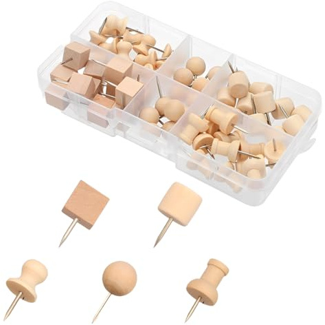 60 Piezas Chinchetas de Madera, Agujas Con Puntas de Acero, Pines Para Tablero de Anuncios de Corcho, Mapa, Fotos, Oficina, Hogar, Colegio (5 Tipos)