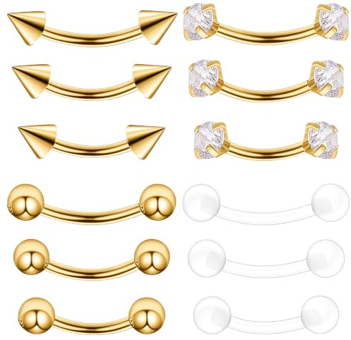 12 Pcs 16g Curved Eyebrow Piercing Jewellery, Tongue Bars for Women and Men | Rook piercing jewellery gold set can be used as eyebrow bars and gold tongue bar, curved barbell piercing size is 8/10/12mm.
