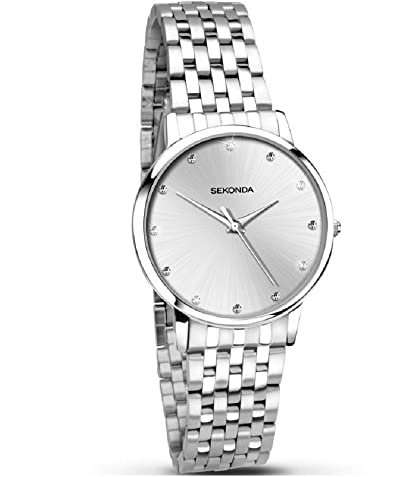 SEKONDA Damen Analog Quarzuhr silberfarbenes Gehäuse, silberfarbenes Edelstahl-Armband und Sonnenstrahl-Zifferblatt 2444