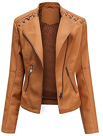 Yynuda, Giacca da motociclista da donna in ecopelle, elegante, con cerniera, classica, corta, Marrone, S