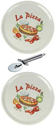 Piatto da pizza XXL in porcellana, con diversi motivi, con tagliapizza in acciaio inox, 2 pezzi, diametro 31 cm