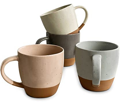 Mora Ceramic Large Latte Mug Set of 4, 16oz - Microwavable, Porcelain Coffee Cups With Big Handle - Modern, Boho, Unique Style For Any Kitchen. Microwave Safe Stoneware - Assorted Neutrals
