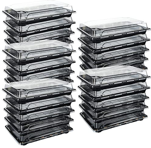 JMIATRY 25 Pcs Reusable Small Plastic Buffets Catering Trays with Lids, 261mmx190mm Sweet Treat and Sandwich Platter Trays, Black Pattern Base Food Containers for Party Food and Buffets