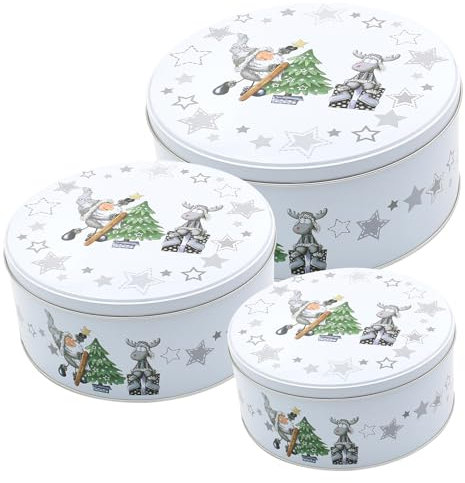 Dekohjälte24 metallburkar med jultomte och älg som set om 3 i vitt, mått L/B/H 19 x 19 x 9 cm, 17 x 17 x 7 cm och 14 x 14 x 6,5 cm