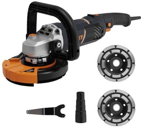 Amoladora de Hormigón Professional, MAXXT 1500W Lijadora de Hormigón Ajuste 7 Velocidades 1000-8500 RPM, 20V Fresadora de Hormigón sin Escobillas para Amolar(con 2 discos abrasivos Ø 125mm)