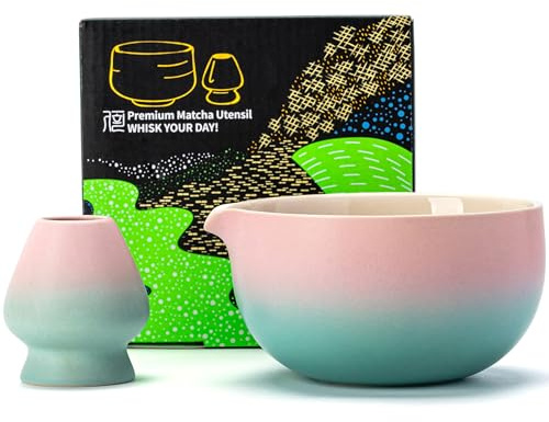 TEANAGOO Japanese Ceramic Matcha Chawan, 18oz K11, Gradient Pink Green, Whisk Holder Included