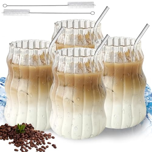 WEGREAT Set di 4 bicchieri da caffè per latte macchiato da 530 ml, bicchieri da long drink, set per caffè, tè, cola, soda, cocktail con cannucce di vetro, spazzole