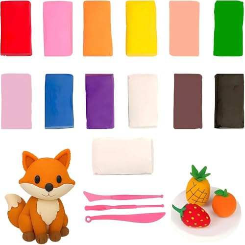 Pâte à Modeler 13 Sachets (12 Couleurs + 1 Blanc) avec 3 Outils et 2 Moules, Argile Autodurcissante Ultra Légère Non Toxique, Kit Créatif pour Enfants 3+ Ans, Activités DIY et Cadeau