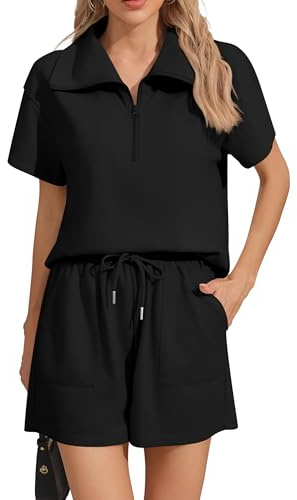 Missufe Sudadera de manga corta para mujer, pantalones cortos, chándal de verano, chándal deportivo, lounge, 2 piezas, con bolsillos, Negro , XL