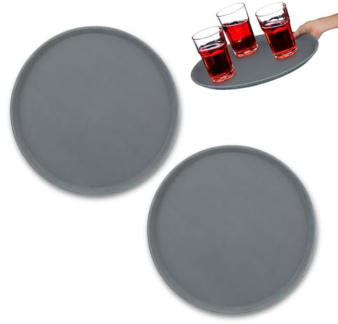 Relaxdays Serveringsbricka uppsättning av 2, halkfri yta, rund servitörsbricka, drycker, gastronomi, Ø 45 cm, grå