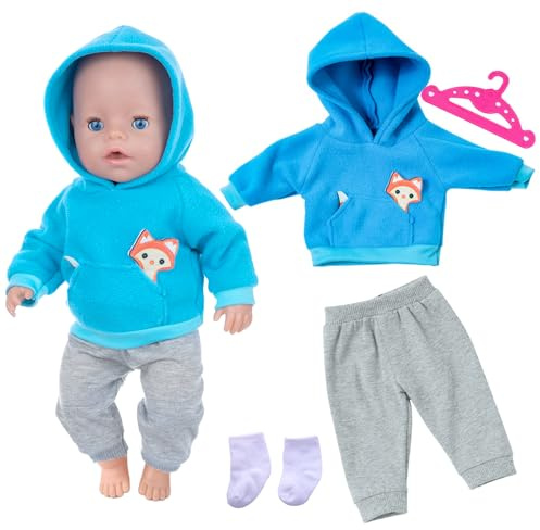Vêtements de poupée pour bébé de 35 à 43 cm, vêtements pour poupées de bébé, 1 sweat à capuche élément animal + 1 pantalon gris + 1 paire de chaussettes + 1 suspension, ensemble de vêtements de poupée